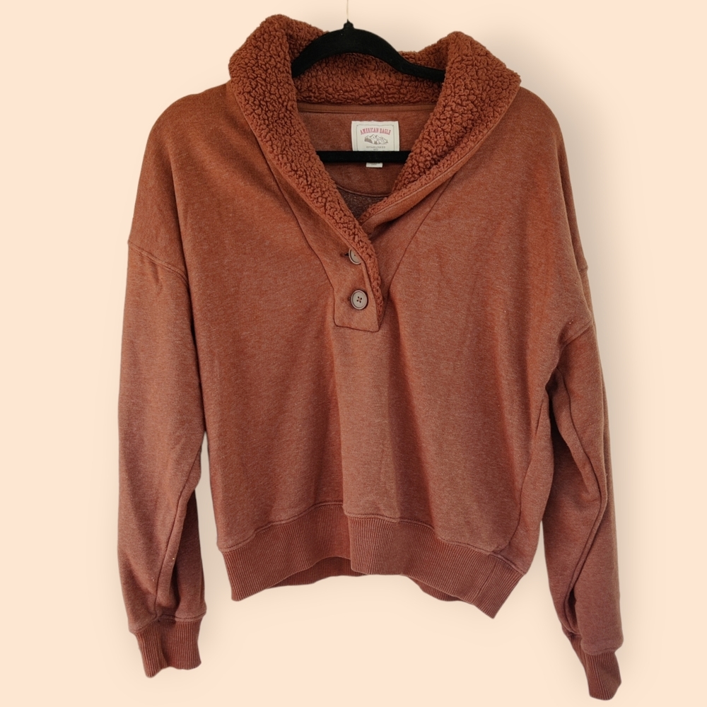 American Eagle Small Shawl Collar Brown Sweatshirt Grunge Gorpcore Outdoor